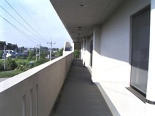 幅の広いバルコニーからは周辺に広がる自然豊かな風景と民家を眺めることができる。