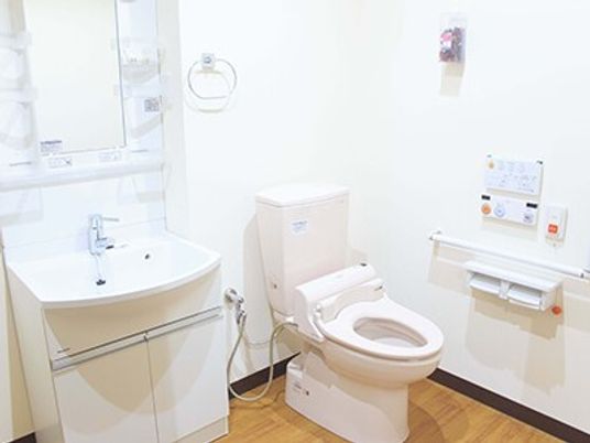 広めのトイレに洗面台と緊急コールが置かれている様子が分かる