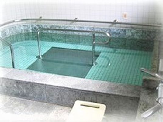 大きな浴槽が設置された浴室には手すりなども設置され、シャワーやシャワーチェアも付いている。