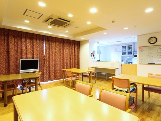 カーテンがひかれた小さめのリビングスペースの様子。テレビが置いてあるのが分かる