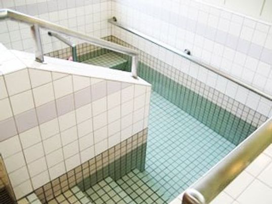 手すり付きのプールのような形の浴槽。大浴場を写した写真