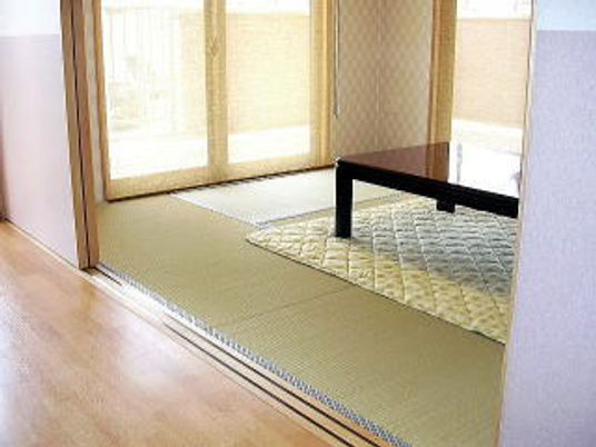 たたみの部屋に小さな家庭用のテーブルが置かれている様子。２面に窓があり外につながっている