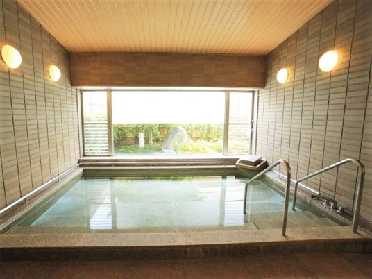 大きなプールのような形の浴槽の様子。手間に手すりがついた出入口がある