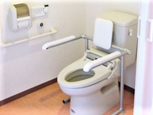 便器の両側に可動式の手啜り、壁に普通の手すりがついている施設内のトイレの様子