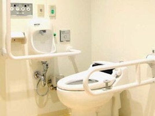 手すりが両サイドに設置されているふたのない便座が付いたトイレ。壁には緑の呼び出しボタンもある。