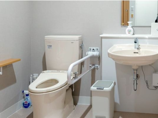 トイレの様子を写した写真。丈夫な手すりと洗面台がある広めのスペース