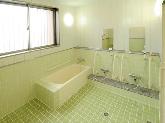 施設内の共同浴室の様子。鏡が並べられその両側に手すりがついている様子