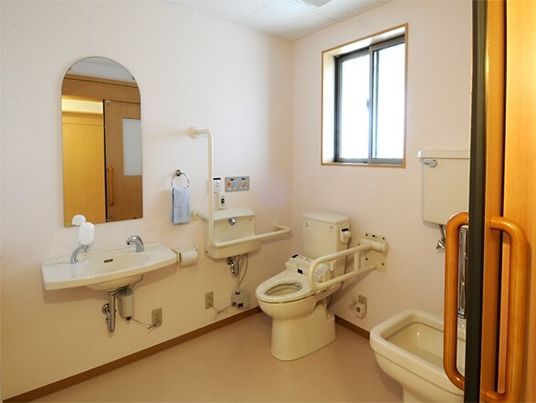 両側に丈夫な手すりがついている施設内のトイレ。車いすのまま入れるトイレの様子