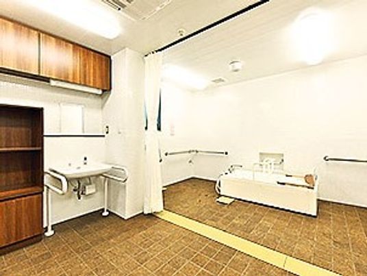 浴室は洗い場が広く手すりも設置され、脱衣所とはカーテンで仕切られている。
