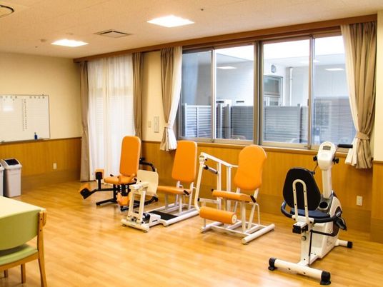 トレーニング機器が並べられている窓辺の様子。高齢者向けのトレーニング機器
