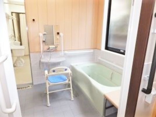 シャワーチェアやシャワーが設置された浴室には、手すりやベンチもある。