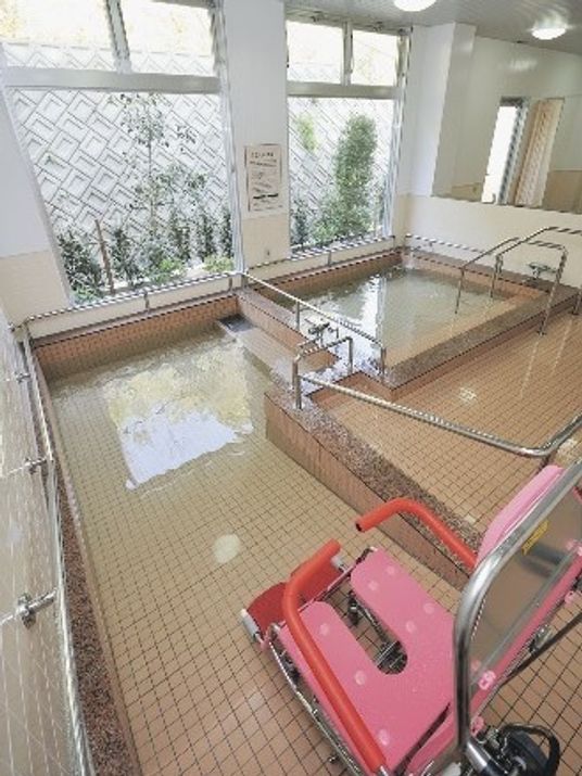 座ったまま入浴できる介護式浴槽の様子。スロープと椅子、手すりがある浴槽
