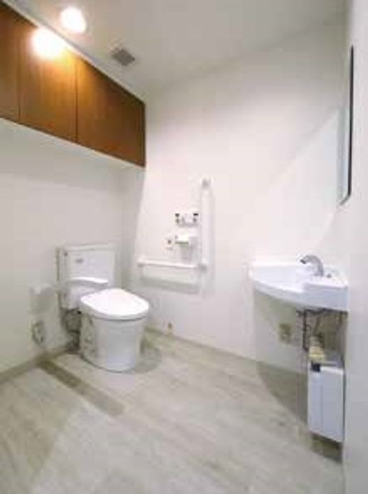 L字型の手すりと洗面台が付いたトイレのスペース。大きめのトイレの様子