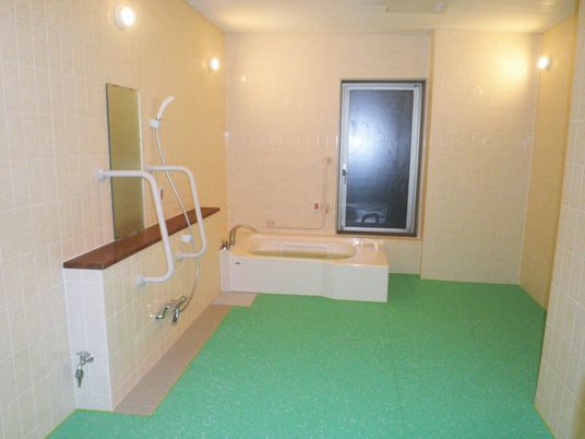 一般の浴室は洗い場が広く、介助が必要な人も安心。シャワーにも手すりが付いている。