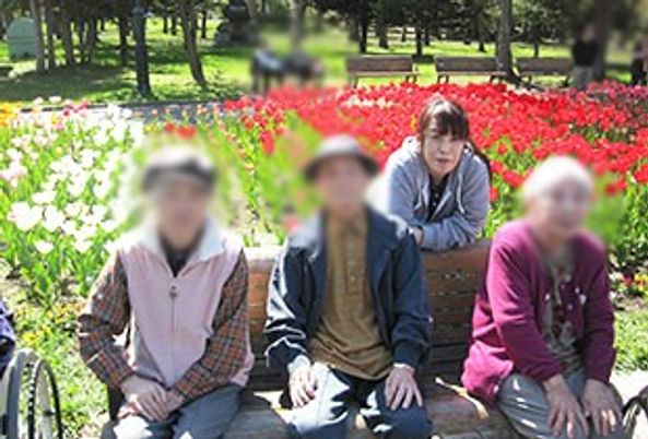 色とりどりの花壇と人物  
