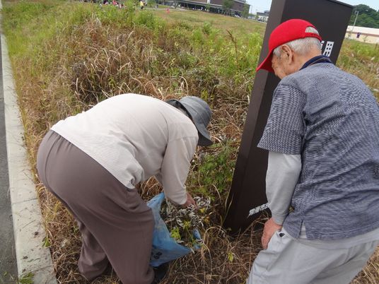 地域清掃活動中の高齢者二人