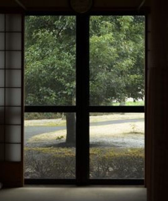 外の景色が見える廊下