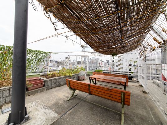 屋上テラスと休憩中の人