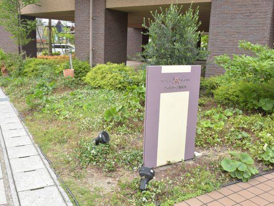 中庭の緑あふれる看板