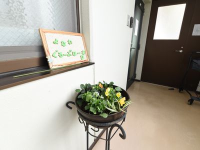 廊下の花と掲示物