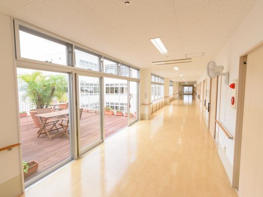 明るい共有廊下と中庭