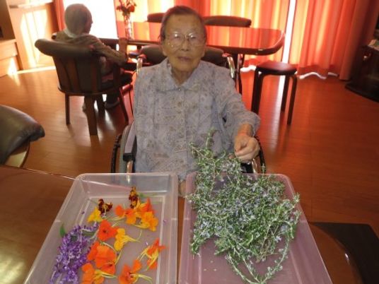 車椅子の高齢女性と花