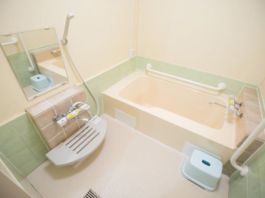 手すり付きの清潔な浴室