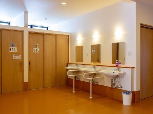 清潔な洗面台とトイレの扉