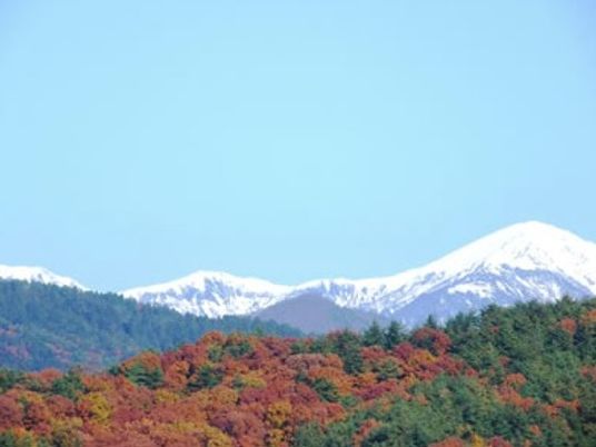 紅葉と雪山の眺望