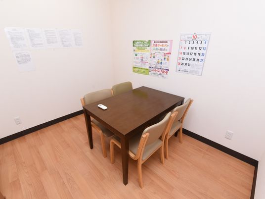 掲示物とテーブルのある部屋