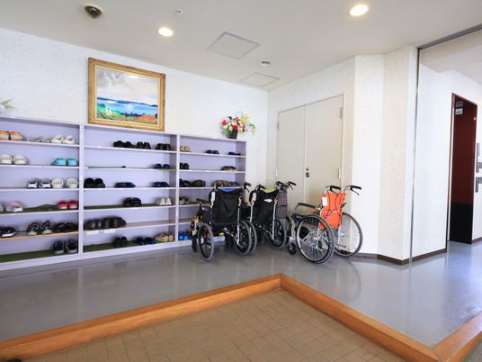 エントランスに靴と車いす