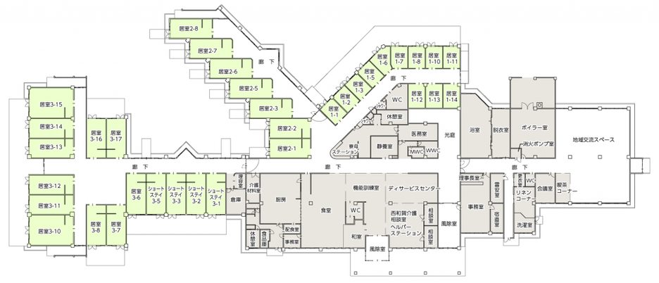 多機能な施設の平面図
