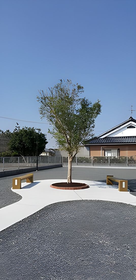 木とベンチの庭