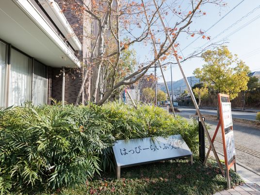 中庭の緑と看板 