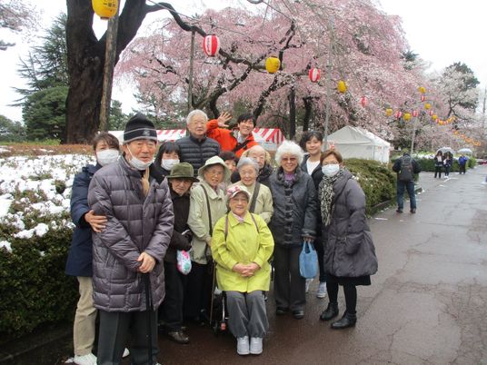 桜の下で笑顔の集合
