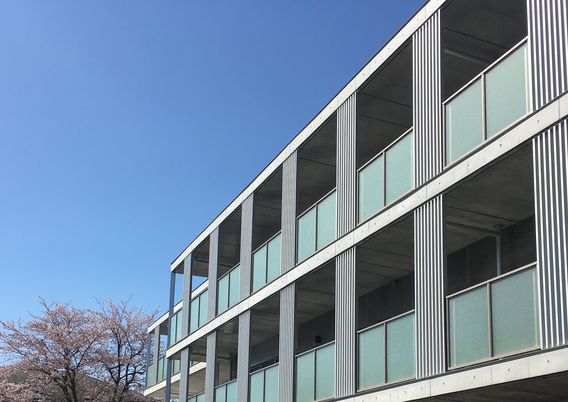 青空の下の建物外観  
