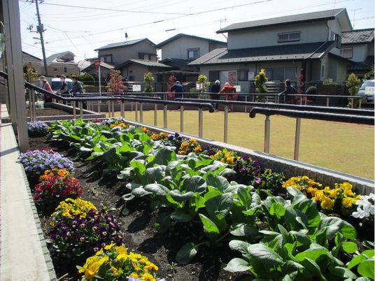 中庭の花壇と散歩中の人々