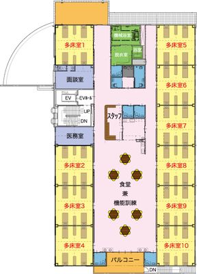 多床室と共有スペースの平面図  