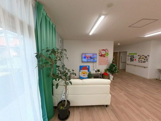 緑のカーテンと白いソファの部屋