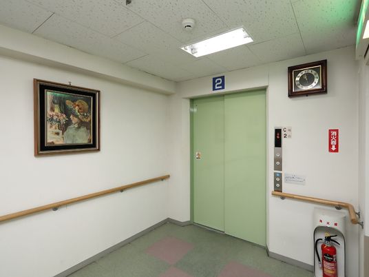 廊下と緑の扉の壁面
