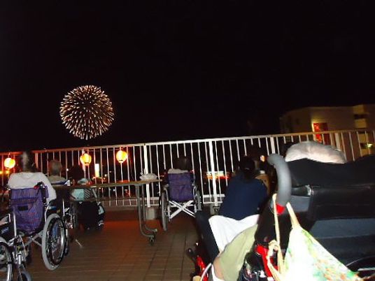 夜空に花火を見る様子