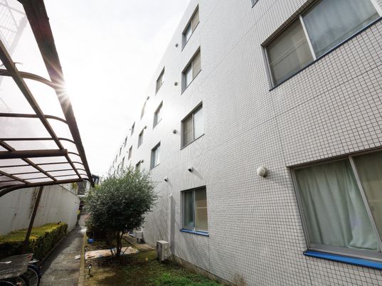 白い壁の建物と庭