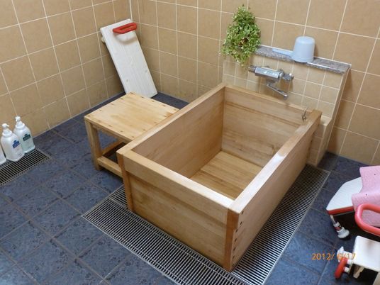 木製の浴槽と洗い場の浴室