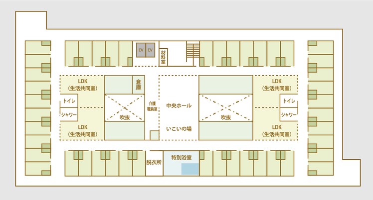 広い廊下と施設の見取り図