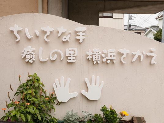 手と花の彩る看板