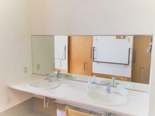 洗面台と大きな鏡のある部屋