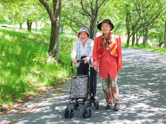 散歩する高齢者ふたり